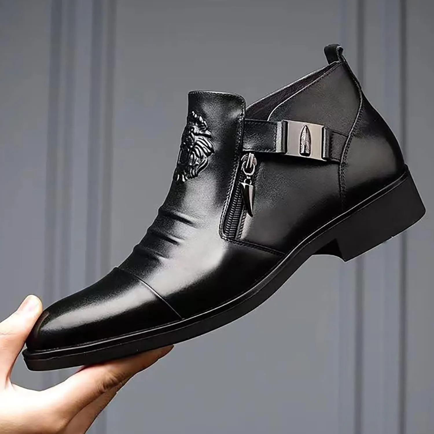 Oxfords Shoes for Men Brown Foreign Trade Men's Embossed Double Side Zipper Europe and The United States Ankle Boots Men's Boots Leather Shoes Black Suit Shoe