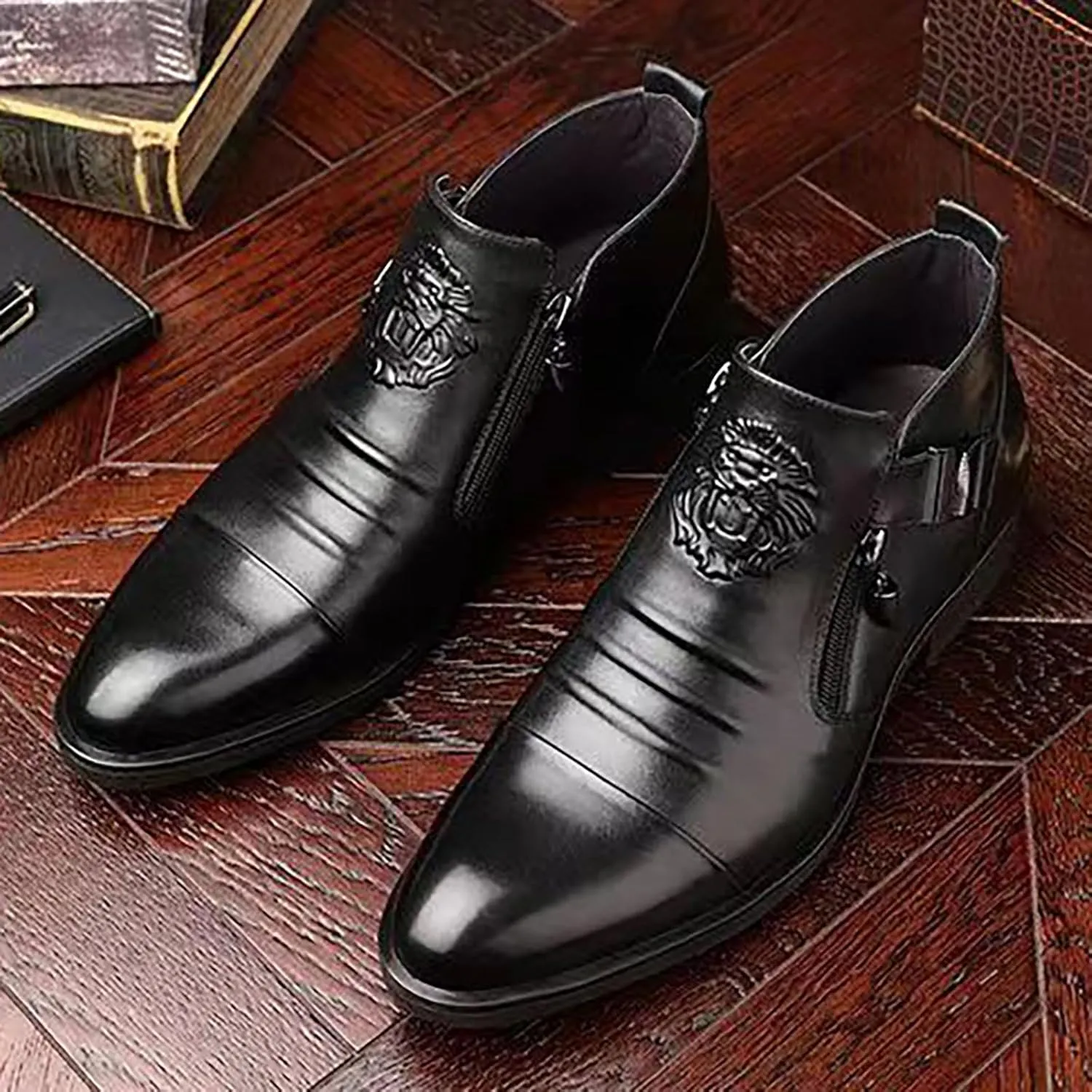 Oxfords Shoes for Men Brown Foreign Trade Men's Embossed Double Side Zipper Europe and The United States Ankle Boots Men's Boots Leather Shoes Black Suit Shoe