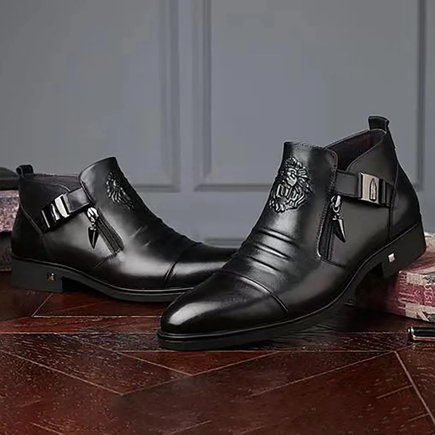 Oxfords Shoes for Men Brown Foreign Trade Men's Embossed Double Side Zipper Europe and The United States Ankle Boots Men's Boots Leather Shoes Black Suit Shoe