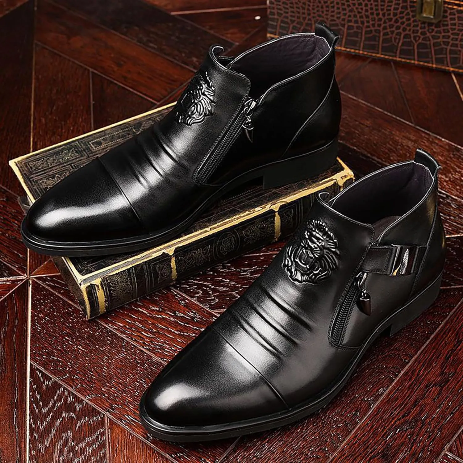 Oxfords Shoes for Men Brown Foreign Trade Men's Embossed Double Side Zipper Europe and The United States Ankle Boots Men's Boots Leather Shoes Black Suit Shoe