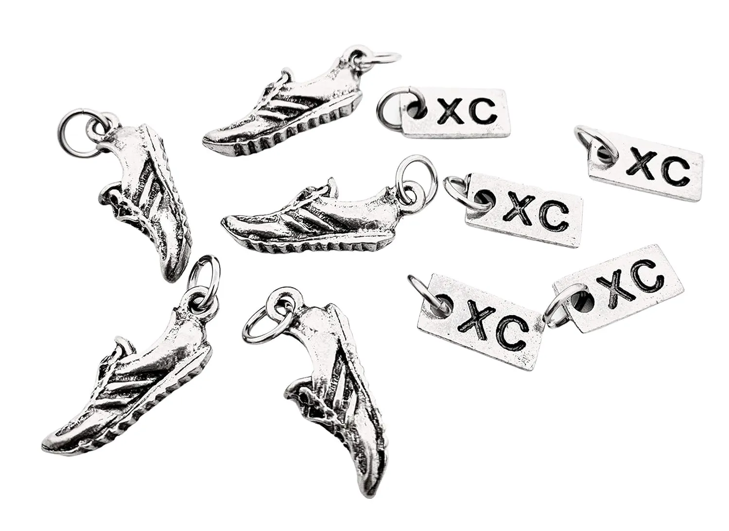 Pewter SHOE XC Rectangle 5 Pack Set - 5 Sets of RUNNING SHOE Charm Pewter XC Charm Set - ONE (1) Pewter Running Shoe Charm and ONE (1) Pewter XC Charm in Each Set - Each Set in Organza Bag