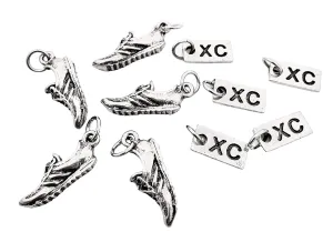 Pewter SHOE XC Rectangle 5 Pack Set - 5 Sets of RUNNING SHOE Charm Pewter XC Charm Set - ONE (1) Pewter Running Shoe Charm and ONE (1) Pewter XC Charm in Each Set - Each Set in Organza Bag