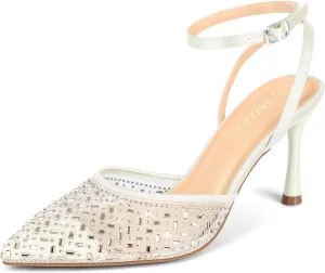 PIZZ ANNU Women's Cienna High Heels Sexy Stiletto Pumps Closed Toe Mesh Sparkly Rhinestones Ankle Strap Dress Wedding Party Pumps Shoes
