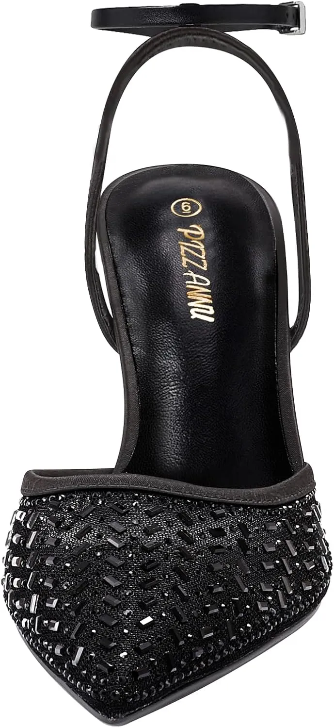 PIZZ ANNU Women's Cienna High Heels Sexy Stiletto Pumps Closed Toe Mesh Sparkly Rhinestones Ankle Strap Dress Wedding Party Pumps Shoes