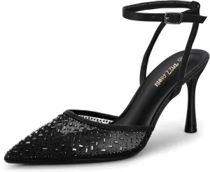 PIZZ ANNU Women's Cienna High Heels Sexy Stiletto Pumps Closed Toe Mesh Sparkly Rhinestones Ankle Strap Dress Wedding Party Pumps Shoes