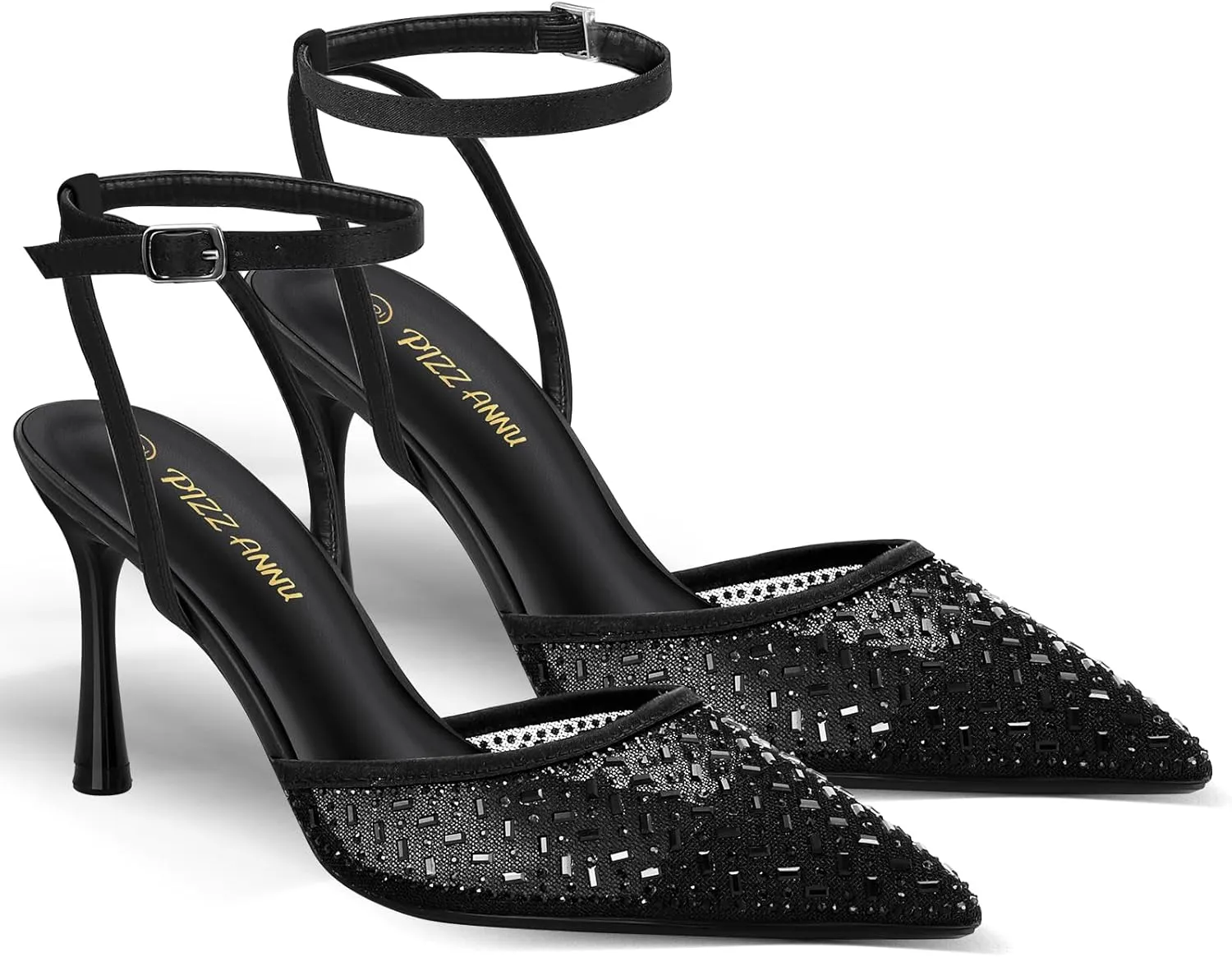 PIZZ ANNU Women's Cienna High Heels Sexy Stiletto Pumps Closed Toe Mesh Sparkly Rhinestones Ankle Strap Dress Wedding Party Pumps Shoes