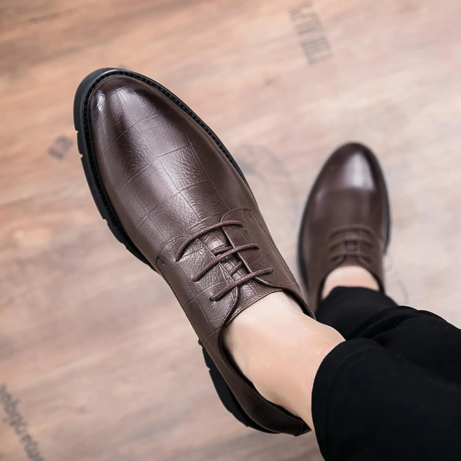 Platform Oxford Shoes for Men Lace Up Leather Round Toe Low-Top Lug Sole Non Slip Dress Shoes Casual Work Office Comfortable Business Shoes