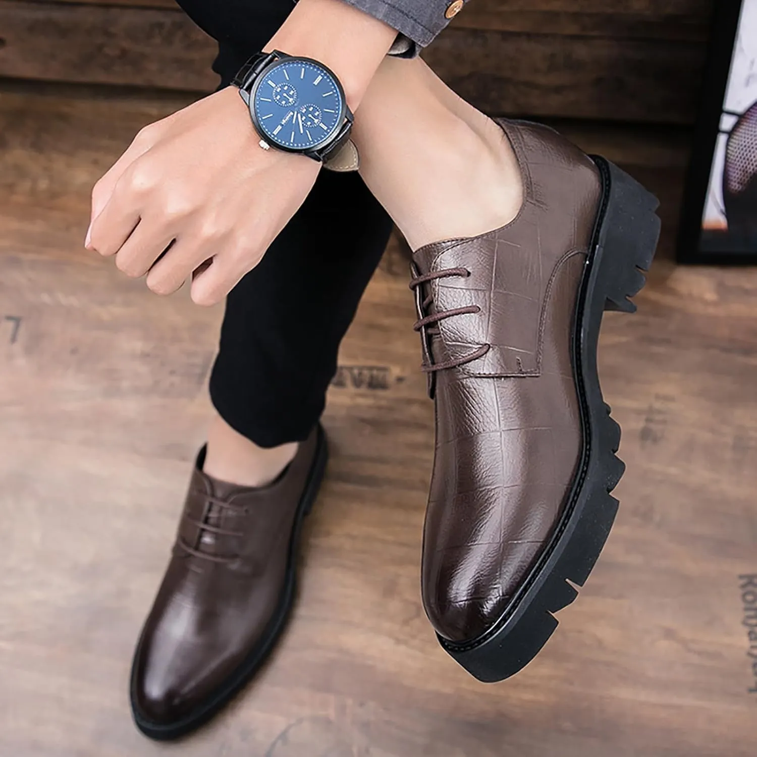 Platform Oxford Shoes for Men Lace Up Leather Round Toe Low-Top Lug Sole Non Slip Dress Shoes Casual Work Office Comfortable Business Shoes