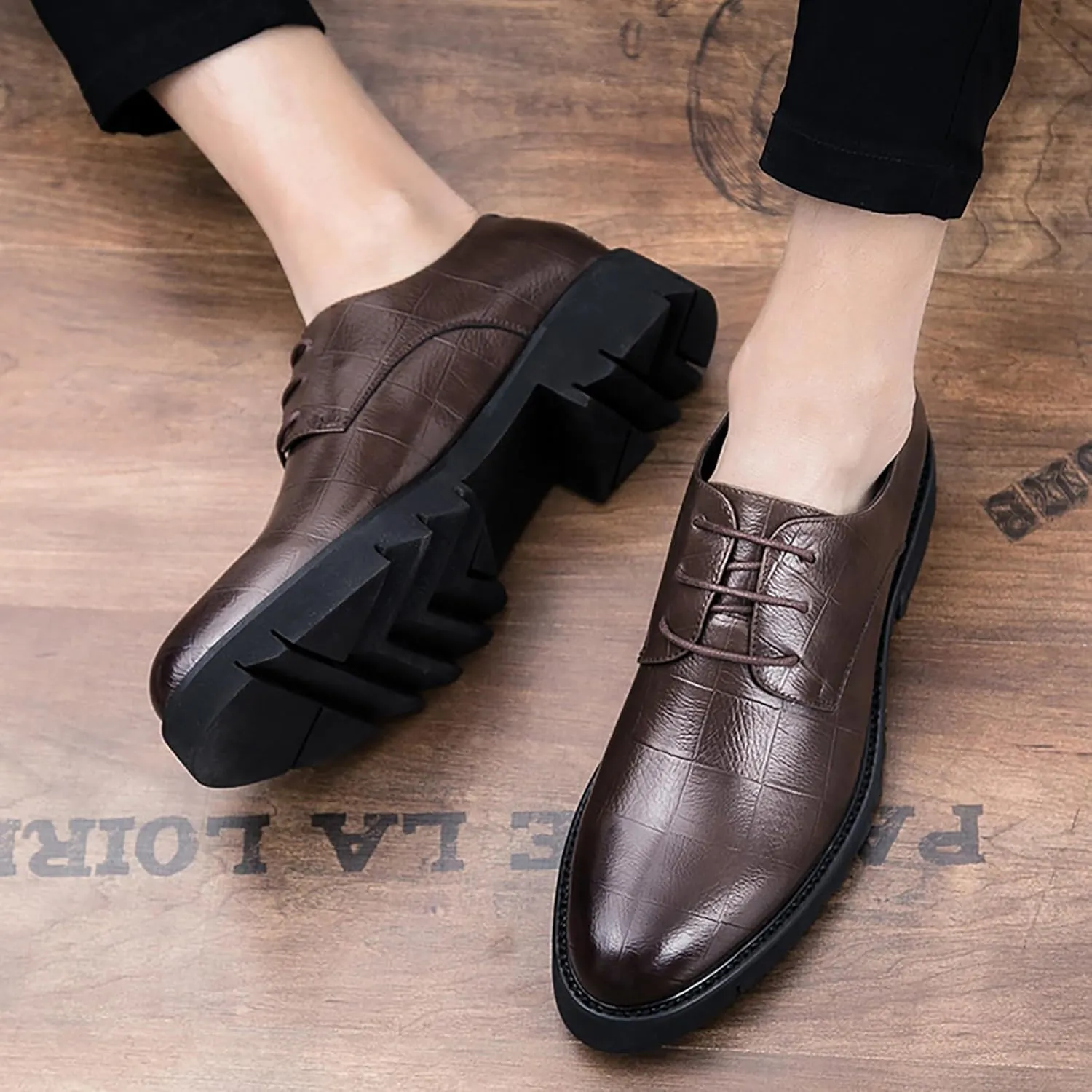 Platform Oxford Shoes for Men Lace Up Leather Round Toe Low-Top Lug Sole Non Slip Dress Shoes Casual Work Office Comfortable Business Shoes