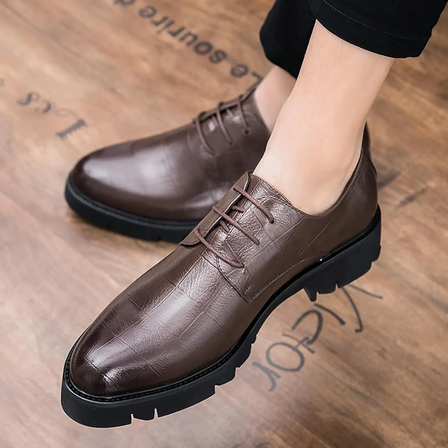 Platform Oxford Shoes for Men Lace Up Leather Round Toe Low-Top Lug Sole Non Slip Dress Shoes Casual Work Office Comfortable Business Shoes