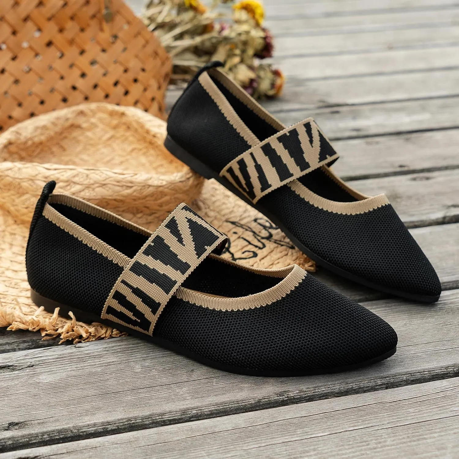 Pointed Toe Flats for Women Knit Ballet Flats Ladies Slip on Work Shoes Business Casul Loafers Comfort Office Shoes