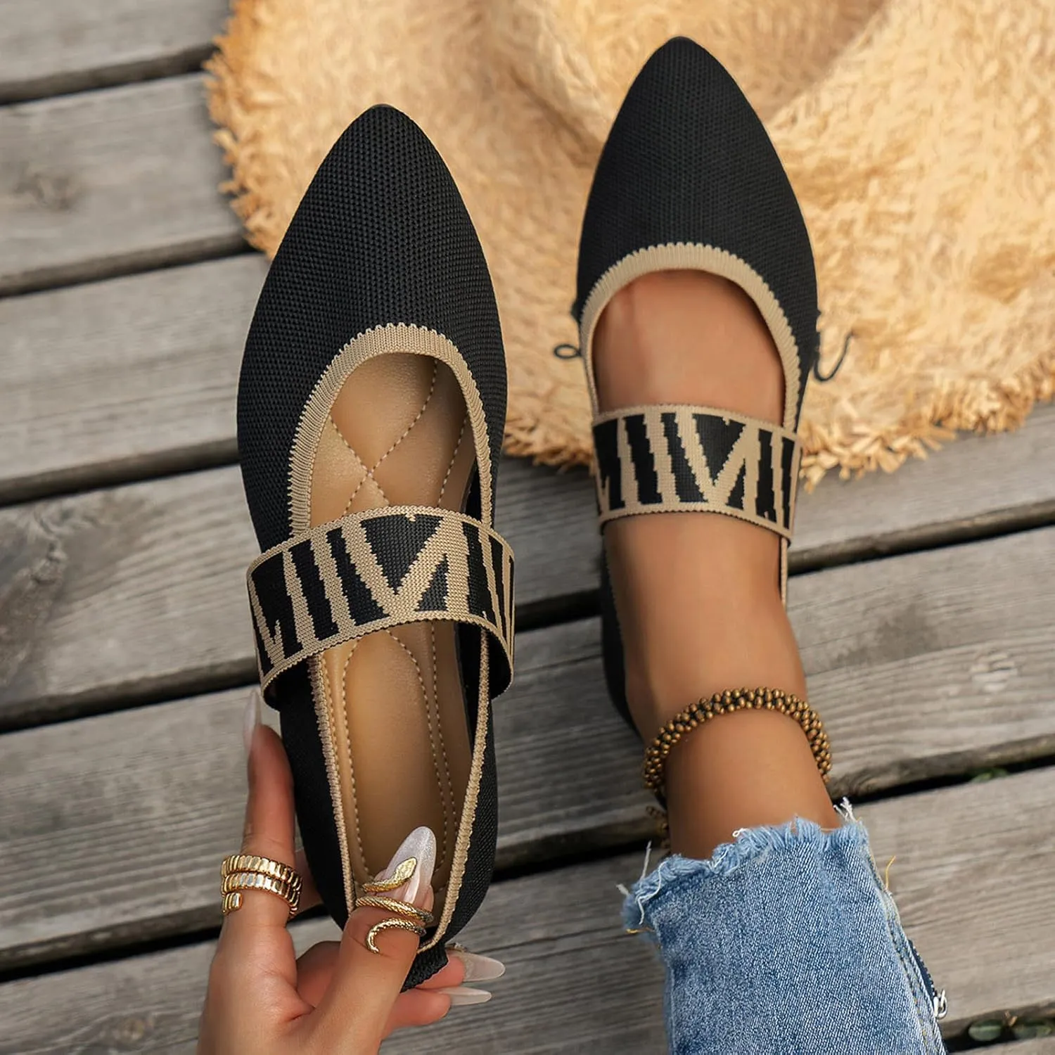 Pointed Toe Flats for Women Knit Ballet Flats Ladies Slip on Work Shoes Business Casul Loafers Comfort Office Shoes