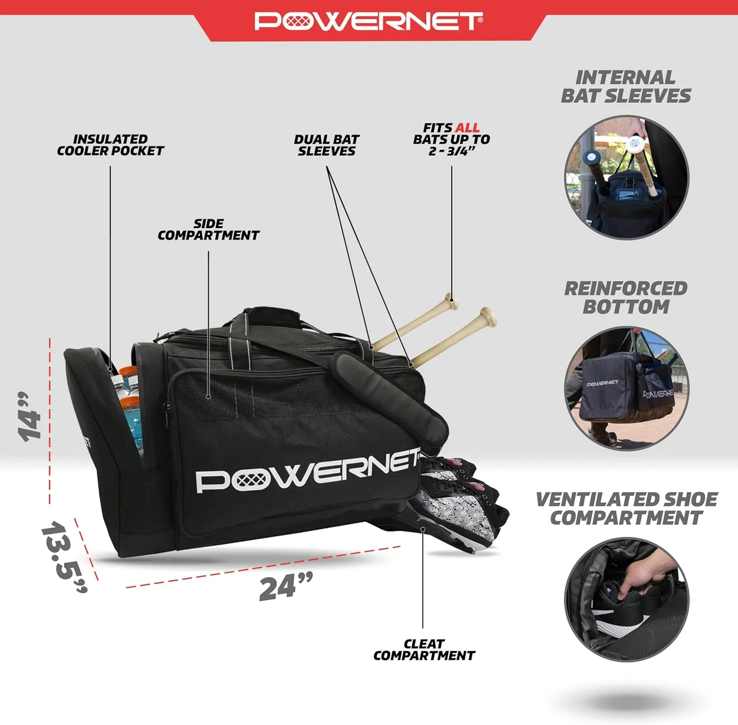 PowerNet Pro Duffle Bag, Softball Baseball Bag, Baseball Gear Bag, Baseball Bat Bag with Internal Bat Sleeves, Baseball Bags with Padded Strap & Pockets