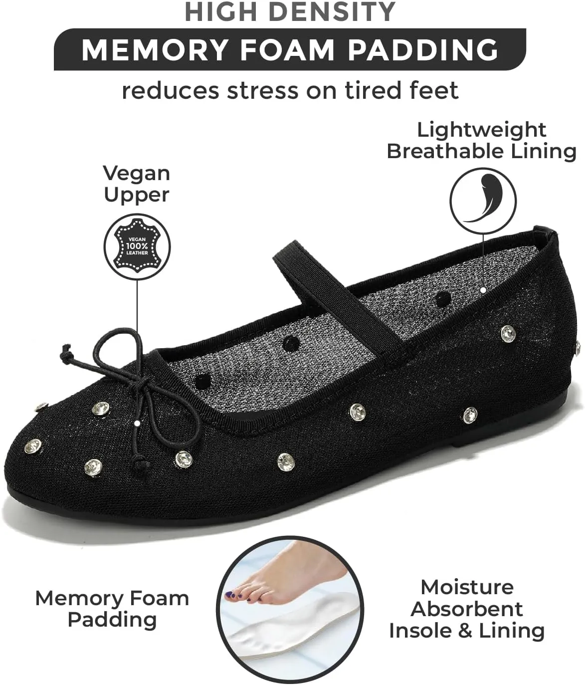 Project Cloud Ballet Flats for Women - Crystal-Embellished Mesh Ballet Flats for Women Footwear - Non-Slip Mary Jane Shoes with Memory Foam - Casual Footwear for All-Day Comfort (Amity)