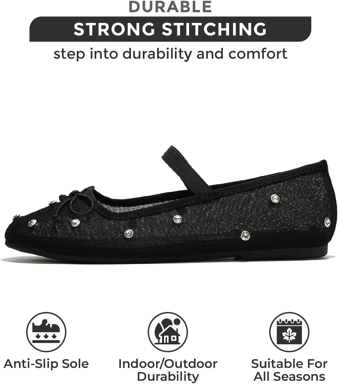 Project Cloud Ballet Flats for Women - Crystal-Embellished Mesh Ballet Flats for Women Footwear - Non-Slip Mary Jane Shoes with Memory Foam - Casual Footwear for All-Day Comfort (Amity)