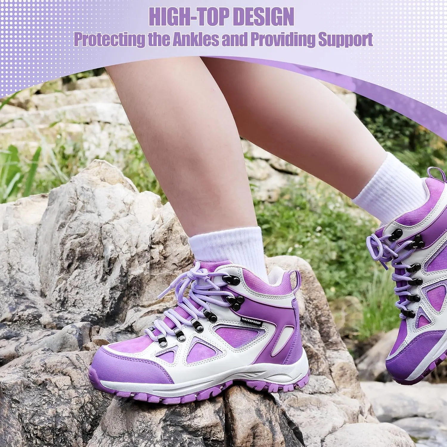 R CORD Kids Hiking Boots Girls Hiking Boots Waterproof Non-Slip for Outdoor Lace-Up Closure Durable TPR Traction Outsole Kids Hiking Shoes