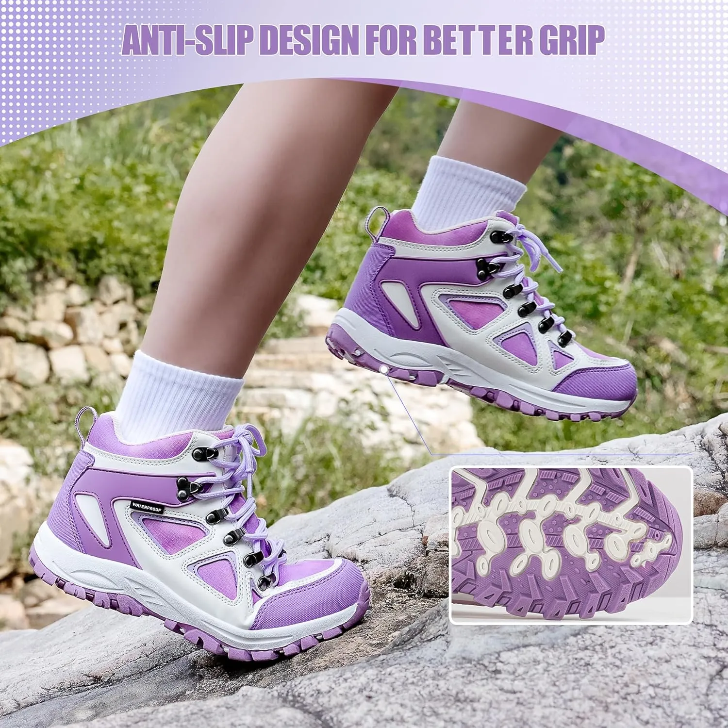 R CORD Kids Hiking Boots Girls Hiking Boots Waterproof Non-Slip for Outdoor Lace-Up Closure Durable TPR Traction Outsole Kids Hiking Shoes
