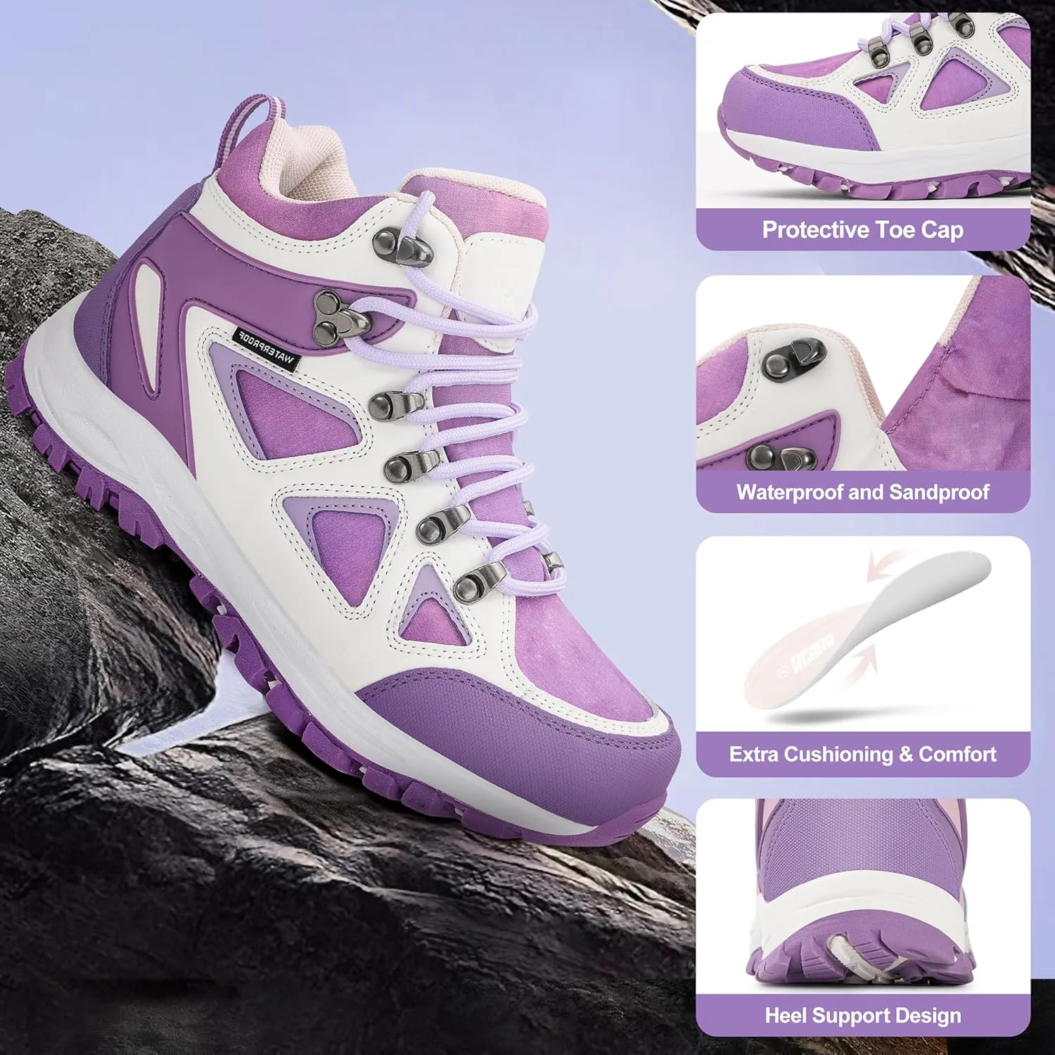 R CORD Kids Hiking Boots Girls Hiking Boots Waterproof Non-Slip for Outdoor Lace-Up Closure Durable TPR Traction Outsole Kids Hiking Shoes