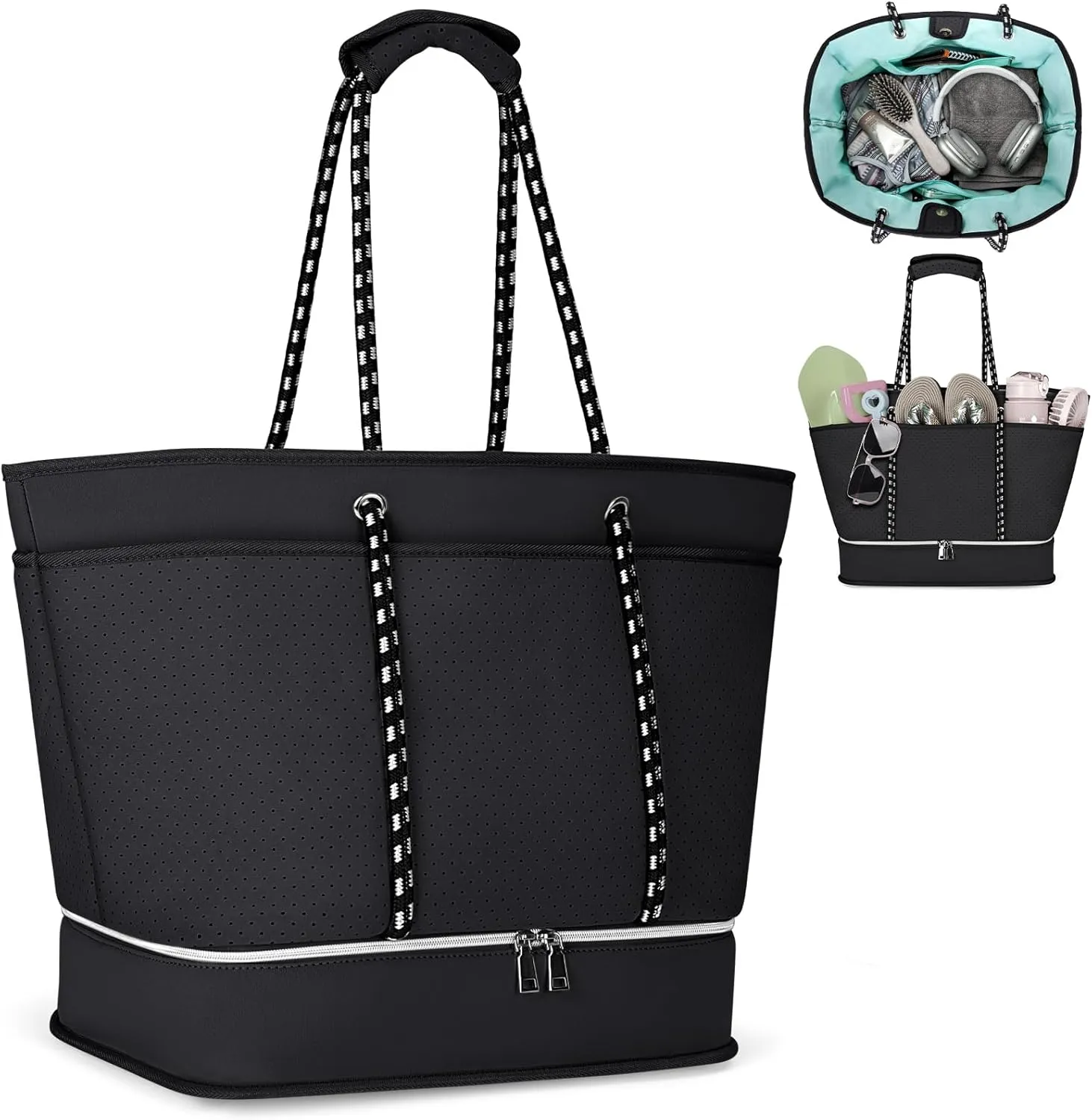 RAINSMORE Neoprene Tote Bag for Women 40L Waterproof Travel Bag with Shoe Compartment, Versatile Work Gym Shopping Tote Bags