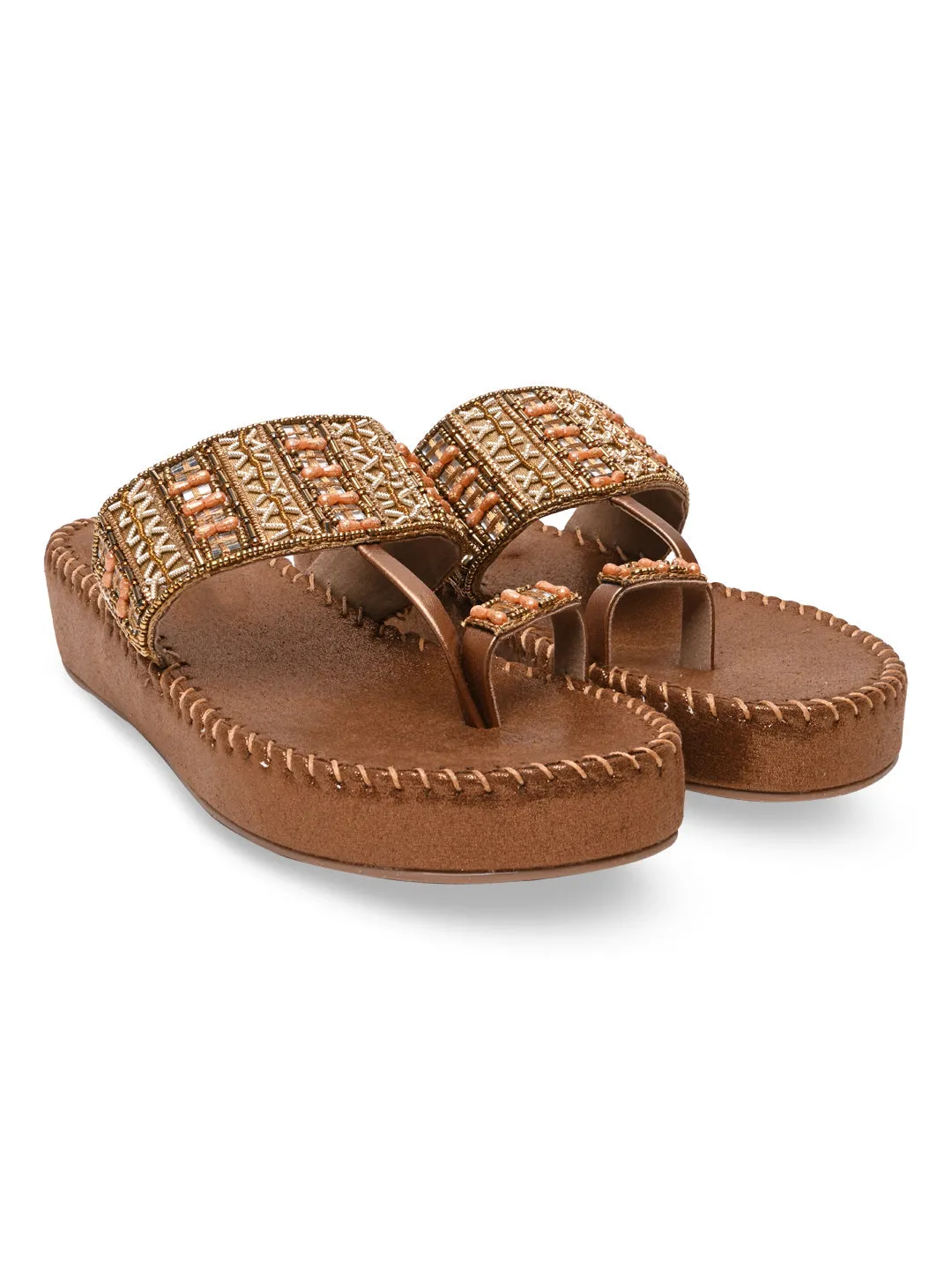 Rocia By Regal Antique Gold Women Embroidered Cushioned Flats