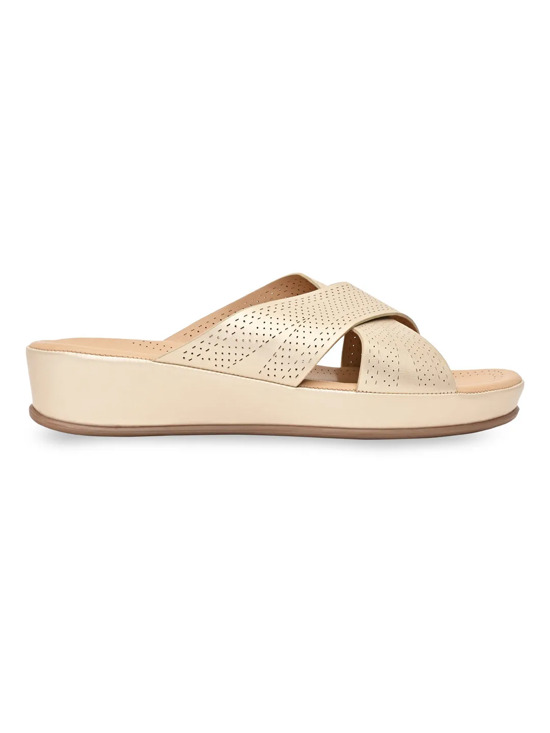 Rocia By Regal Gold Women Comfort Laser Cut Cross Strap Flats