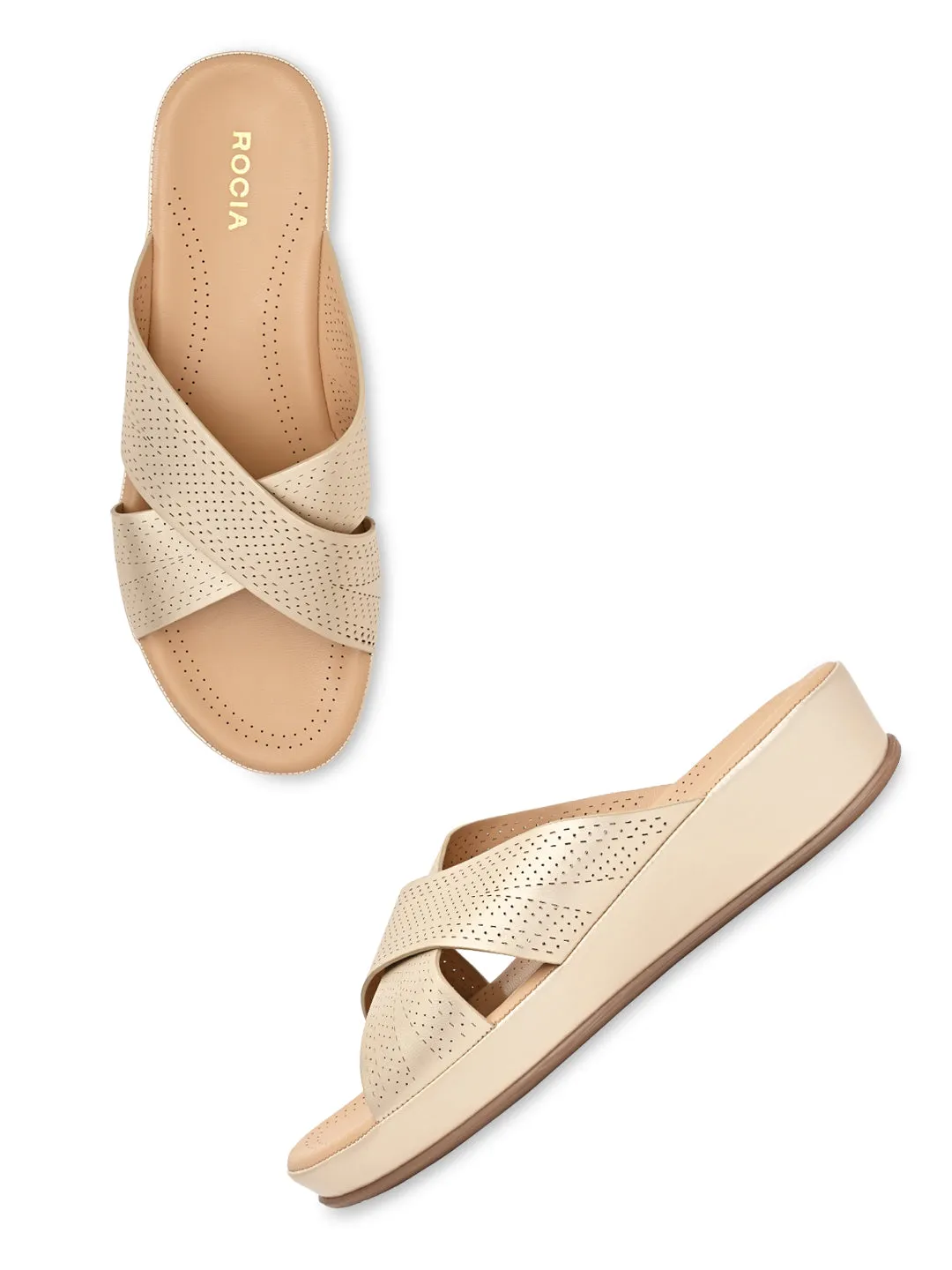 Rocia By Regal Gold Women Comfort Laser Cut Cross Strap Flats
