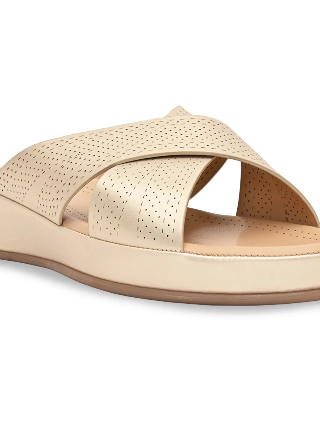 Rocia By Regal Gold Women Comfort Laser Cut Cross Strap Flats