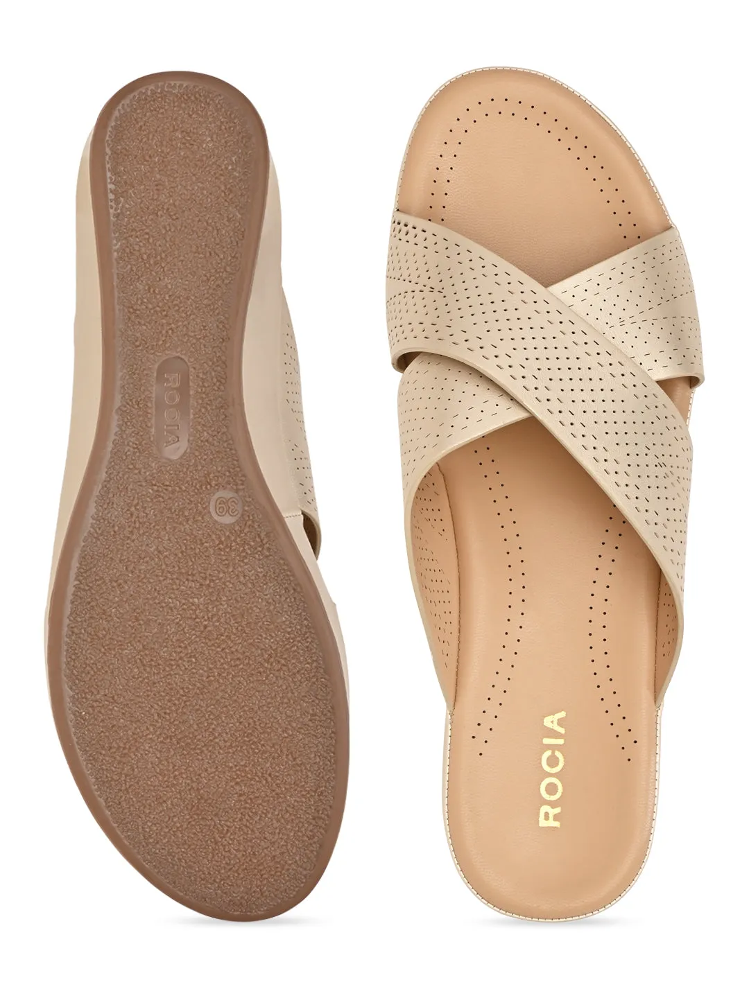 Rocia By Regal Gold Women Comfort Laser Cut Cross Strap Flats