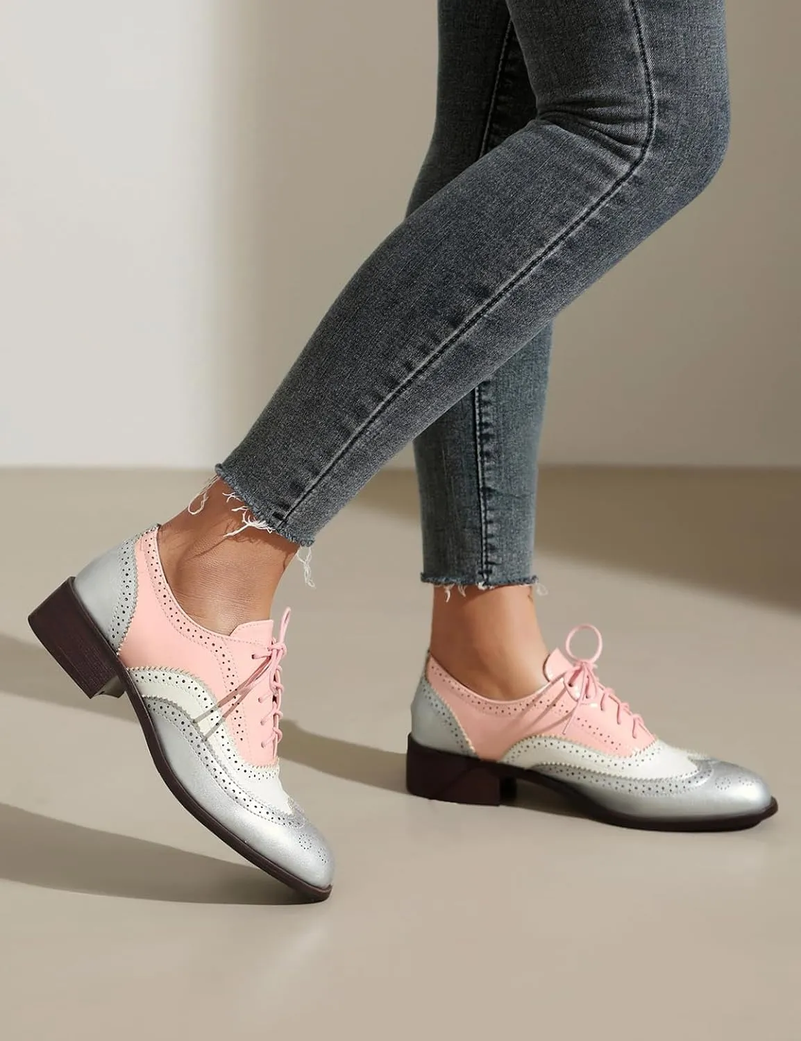 Roimaash Leisure Oxford Shoes Women Two Tone Wingtip Brogue Shoes