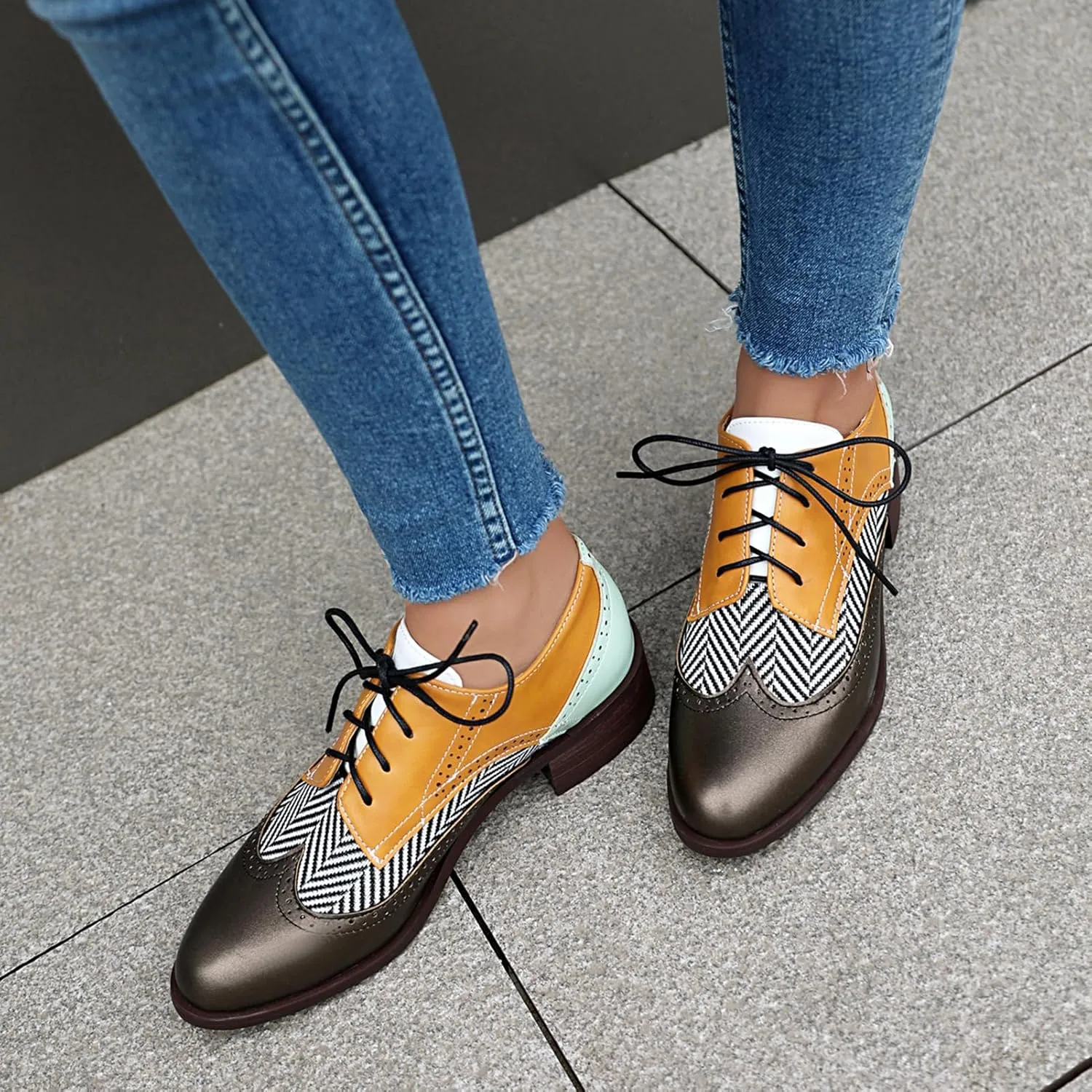 Roimaash Leisure Oxford Shoes Women Two Tone Wingtip Brogue Shoes