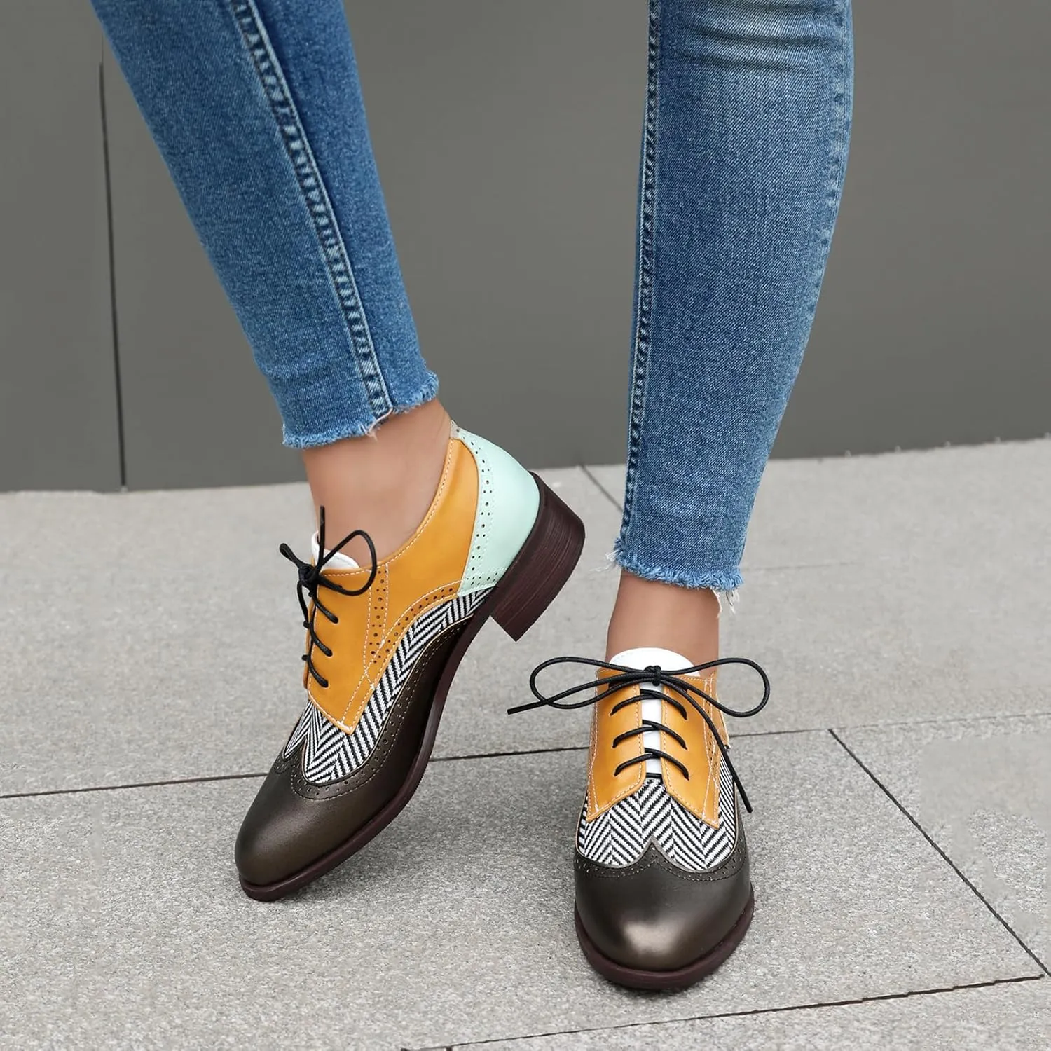 Roimaash Leisure Oxford Shoes Women Two Tone Wingtip Brogue Shoes