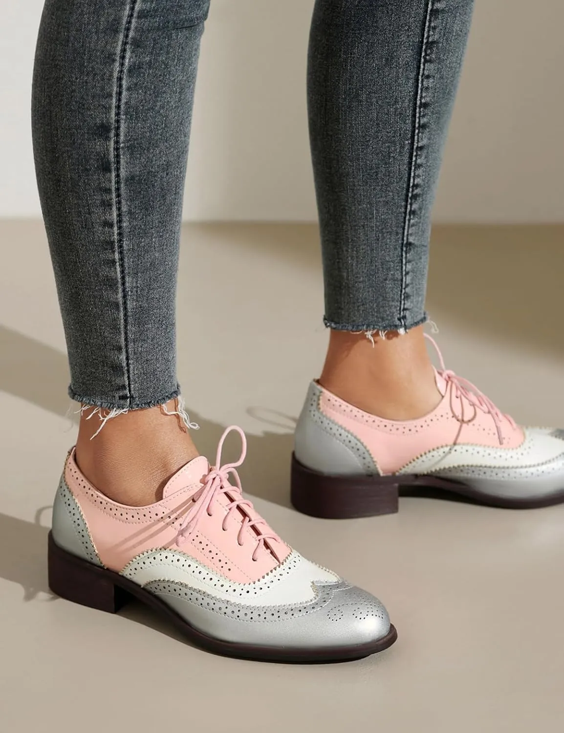 Roimaash Leisure Oxford Shoes Women Two Tone Wingtip Brogue Shoes