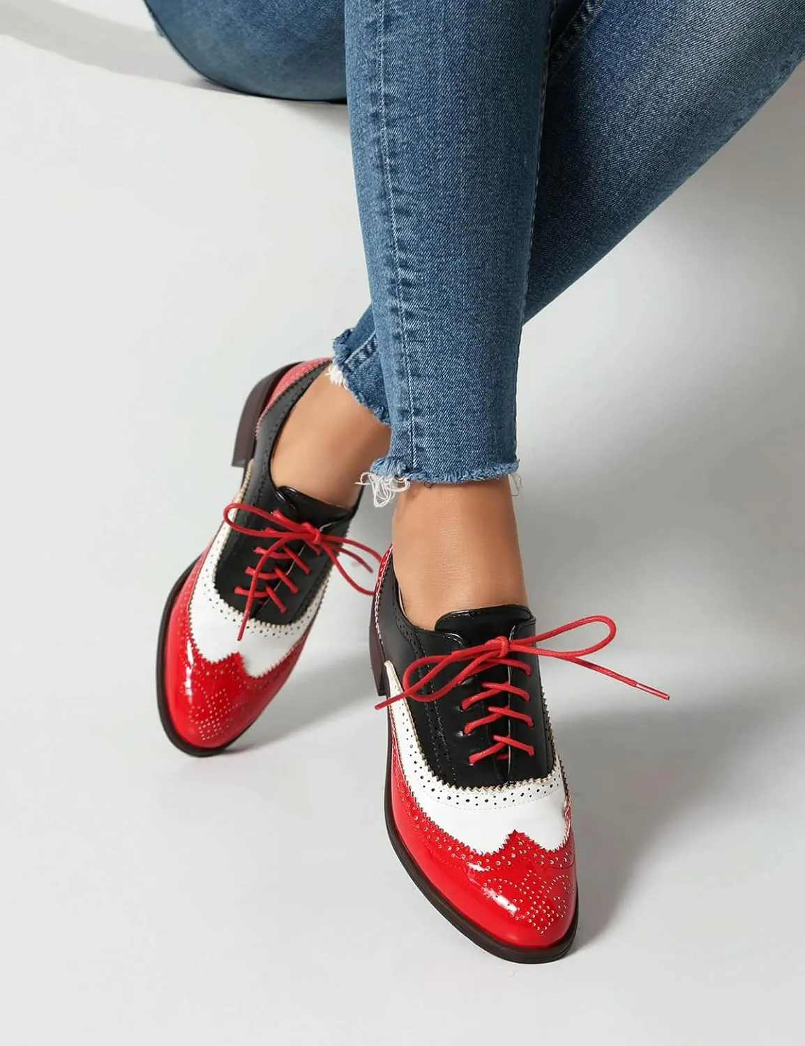 Roimaash Leisure Oxford Shoes Women Two Tone Wingtip Brogue Shoes