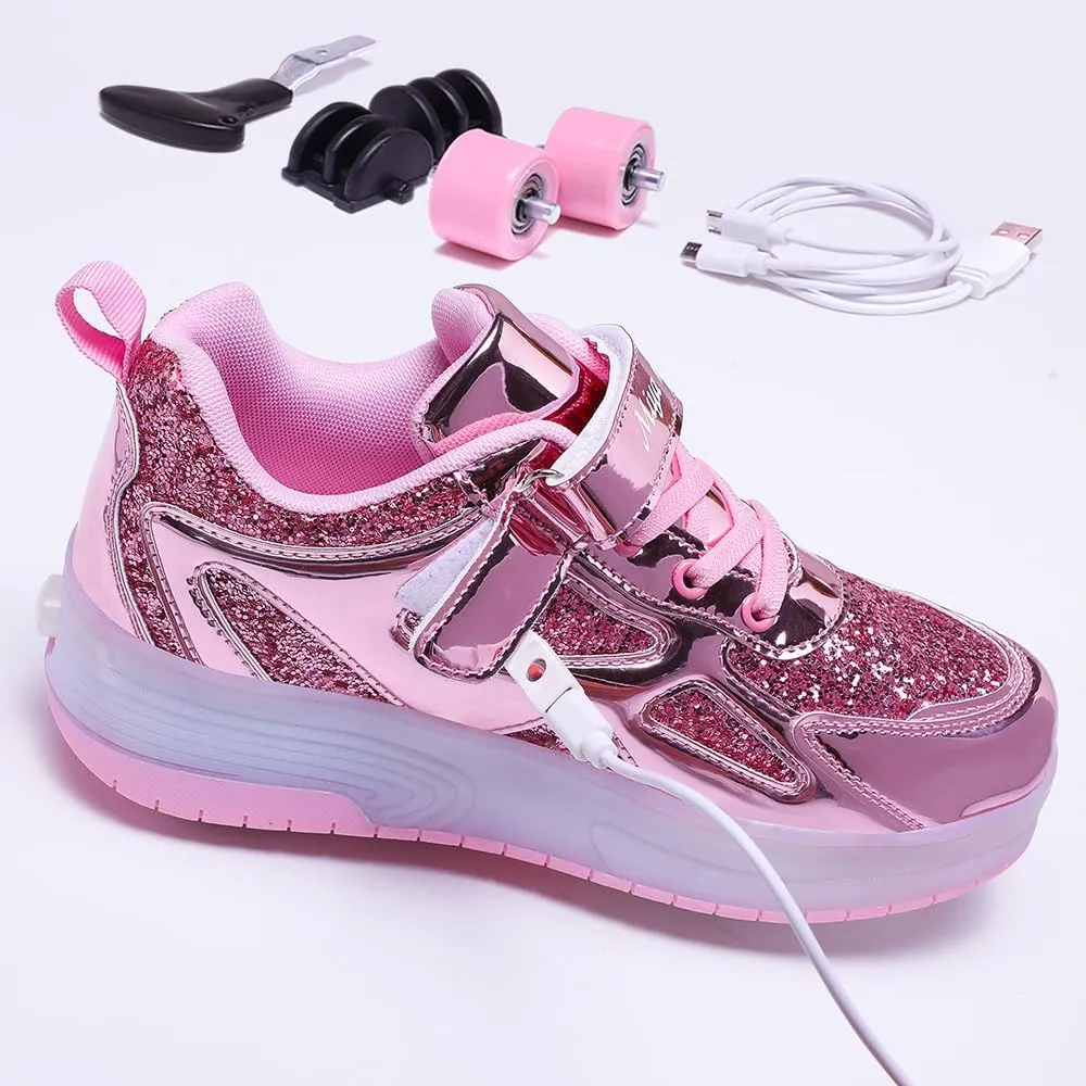 Roller Shoes Girls Sneakers USB Rechargeable 2 Wheels Shoes Roller Skates for Beginner Trainers Shoe 16 Modes LED Light Up Flash Sneaker for Unisex Kids Boys Stylish Footwear