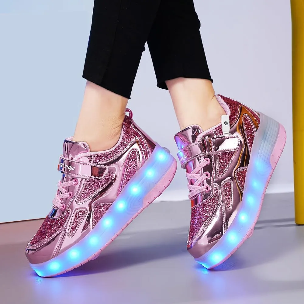 Roller Shoes Girls Sneakers USB Rechargeable 2 Wheels Shoes Roller Skates for Beginner Trainers Shoe 16 Modes LED Light Up Flash Sneaker for Unisex Kids Boys Stylish Footwear