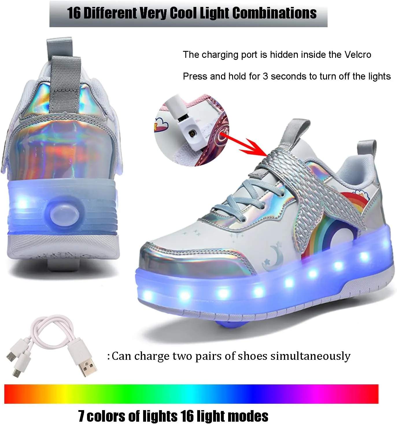 Roller Shoes with Wheels for Boys Girls Kids Skates Sneakers LED Light Up Rechargeable Sport Sneaker for Beginners Best Gift