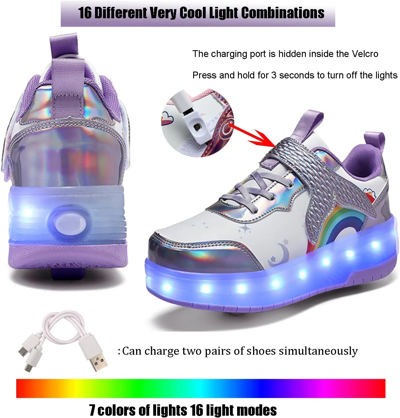 Roller Shoes with Wheels for Boys Girls Kids Skates Sneakers LED Light Up Rechargeable Sport Sneaker for Beginners Best Gift