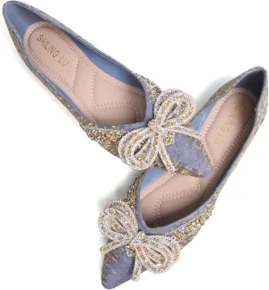 SAILING LU Bow-Knot Ballet Flats for Women Pointed Toe Crystals Wedding Shoes Comfort Light Weight Loafers