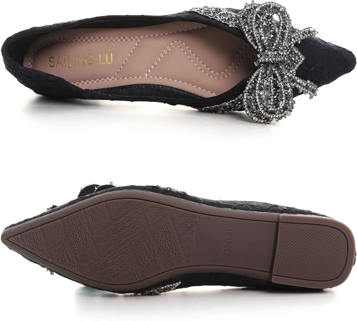 SAILING LU Bow-Knot Ballet Flats for Women Pointed Toe Crystals Wedding Shoes Comfort Light Weight Loafers