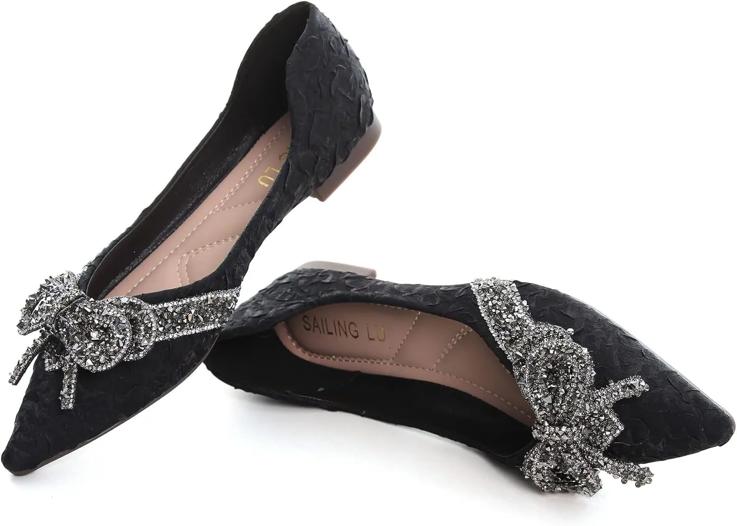 SAILING LU Bow-Knot Ballet Flats for Women Pointed Toe Crystals Wedding Shoes Comfort Light Weight Loafers