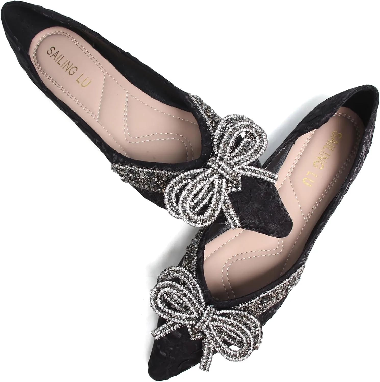 SAILING LU Bow-Knot Ballet Flats for Women Pointed Toe Crystals Wedding Shoes Comfort Light Weight Loafers