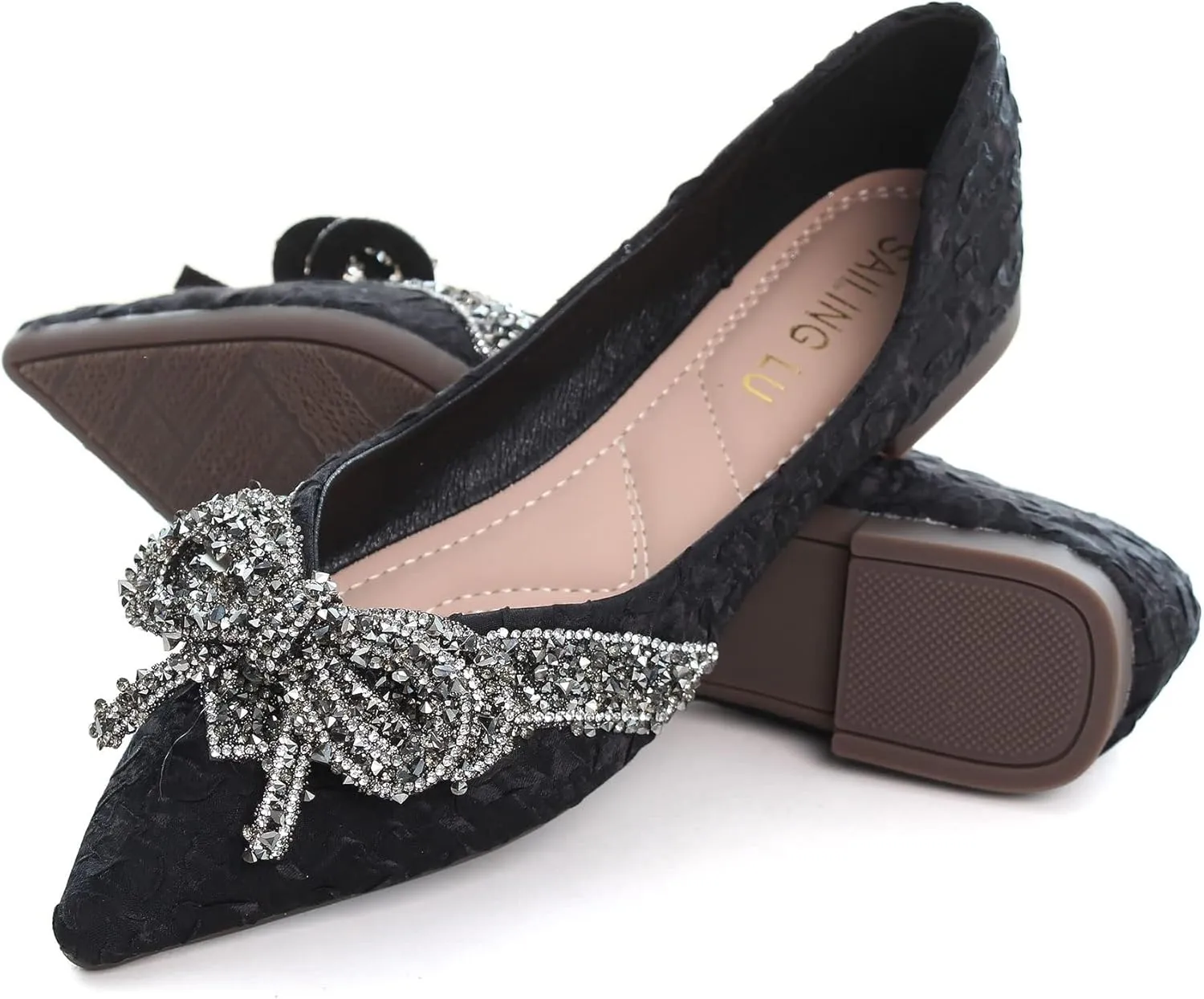 SAILING LU Bow-Knot Ballet Flats for Women Pointed Toe Crystals Wedding Shoes Comfort Light Weight Loafers