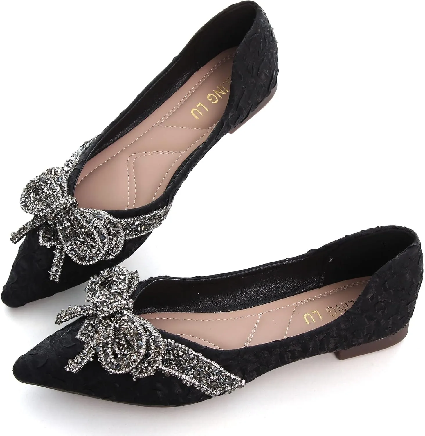 SAILING LU Bow-Knot Ballet Flats for Women Pointed Toe Crystals Wedding Shoes Comfort Light Weight Loafers