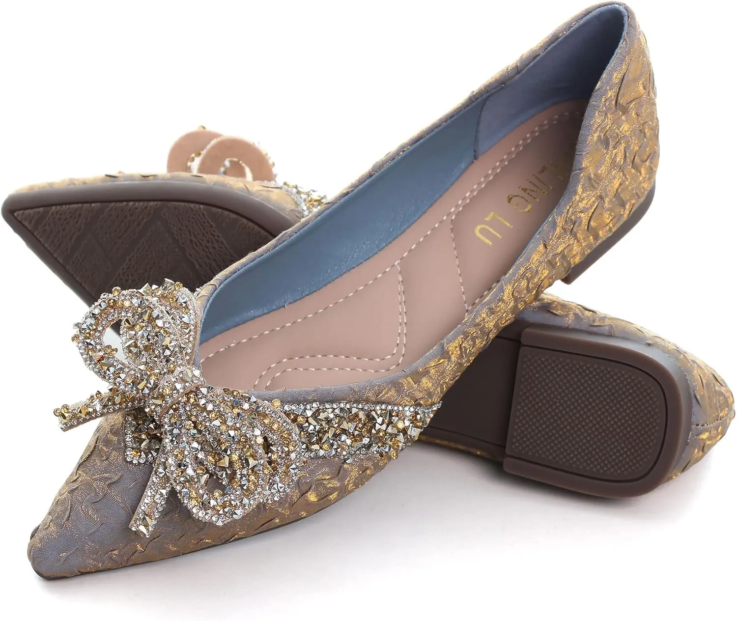 SAILING LU Bow-Knot Ballet Flats for Women Pointed Toe Crystals Wedding Shoes Comfort Light Weight Loafers