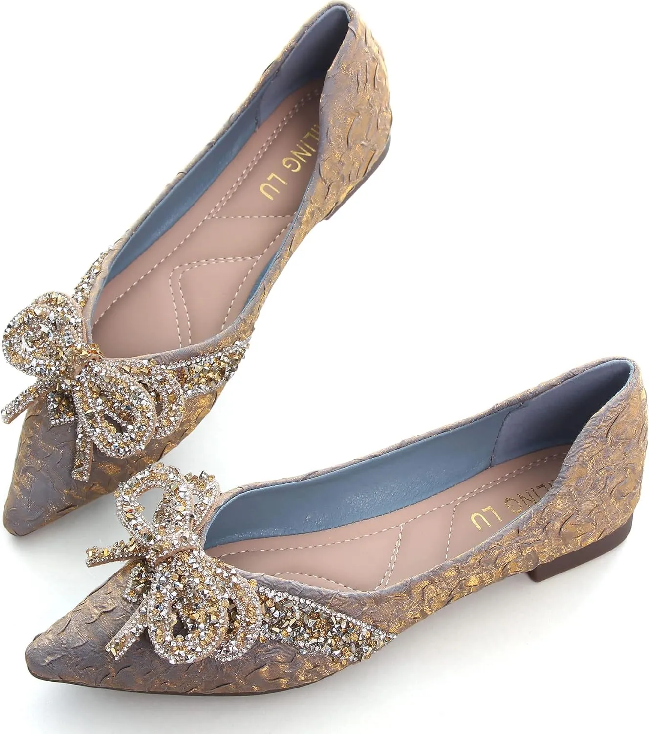 SAILING LU Bow-Knot Ballet Flats for Women Pointed Toe Crystals Wedding Shoes Comfort Light Weight Loafers