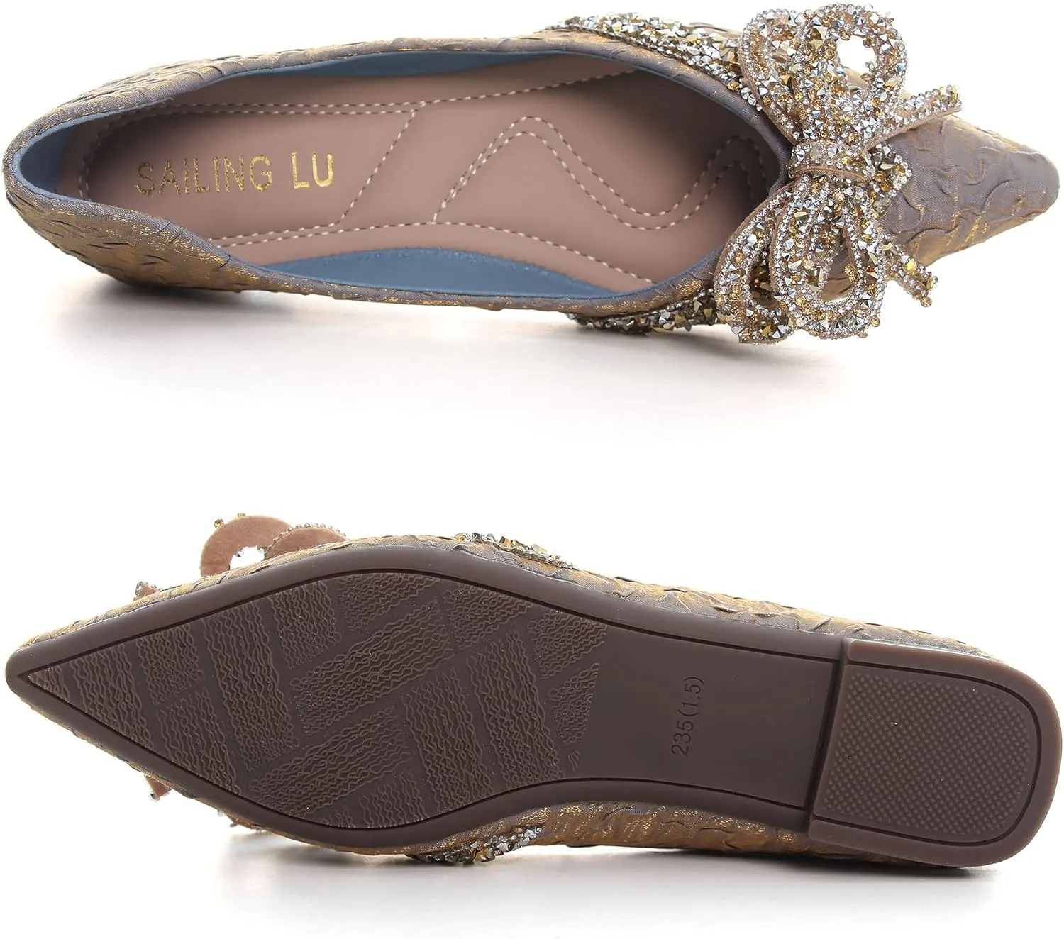SAILING LU Bow-Knot Ballet Flats for Women Pointed Toe Crystals Wedding Shoes Comfort Light Weight Loafers
