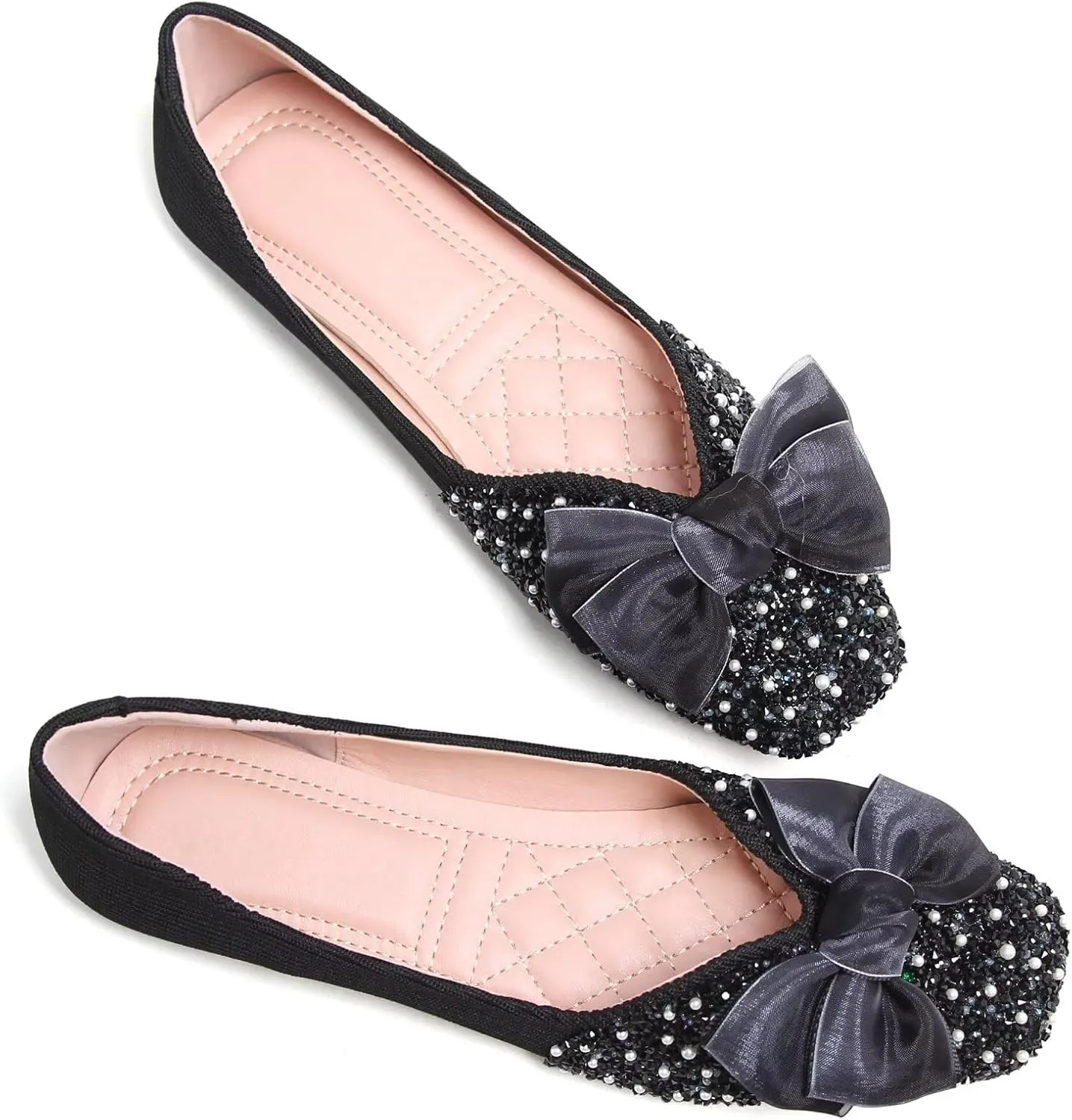 SAILING LU Square Toe Flats Shoes Rhinestoned Bowknots Ballet Flats for Women Studded Dress Shoes Comfort Light Weight Loafers