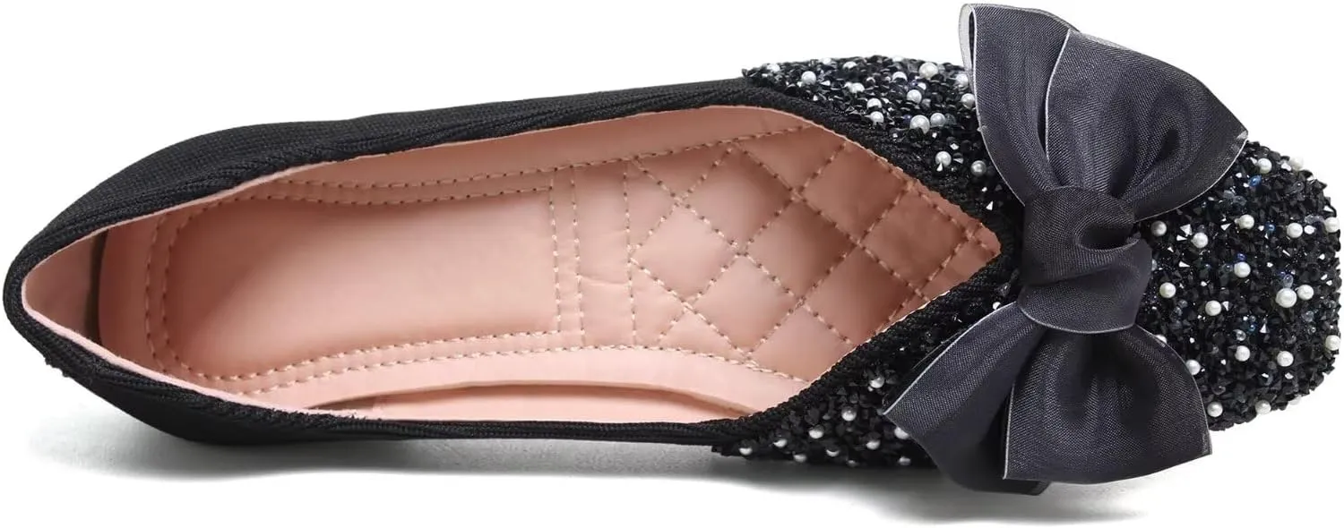 SAILING LU Square Toe Flats Shoes Rhinestoned Bowknots Ballet Flats for Women Studded Dress Shoes Comfort Light Weight Loafers