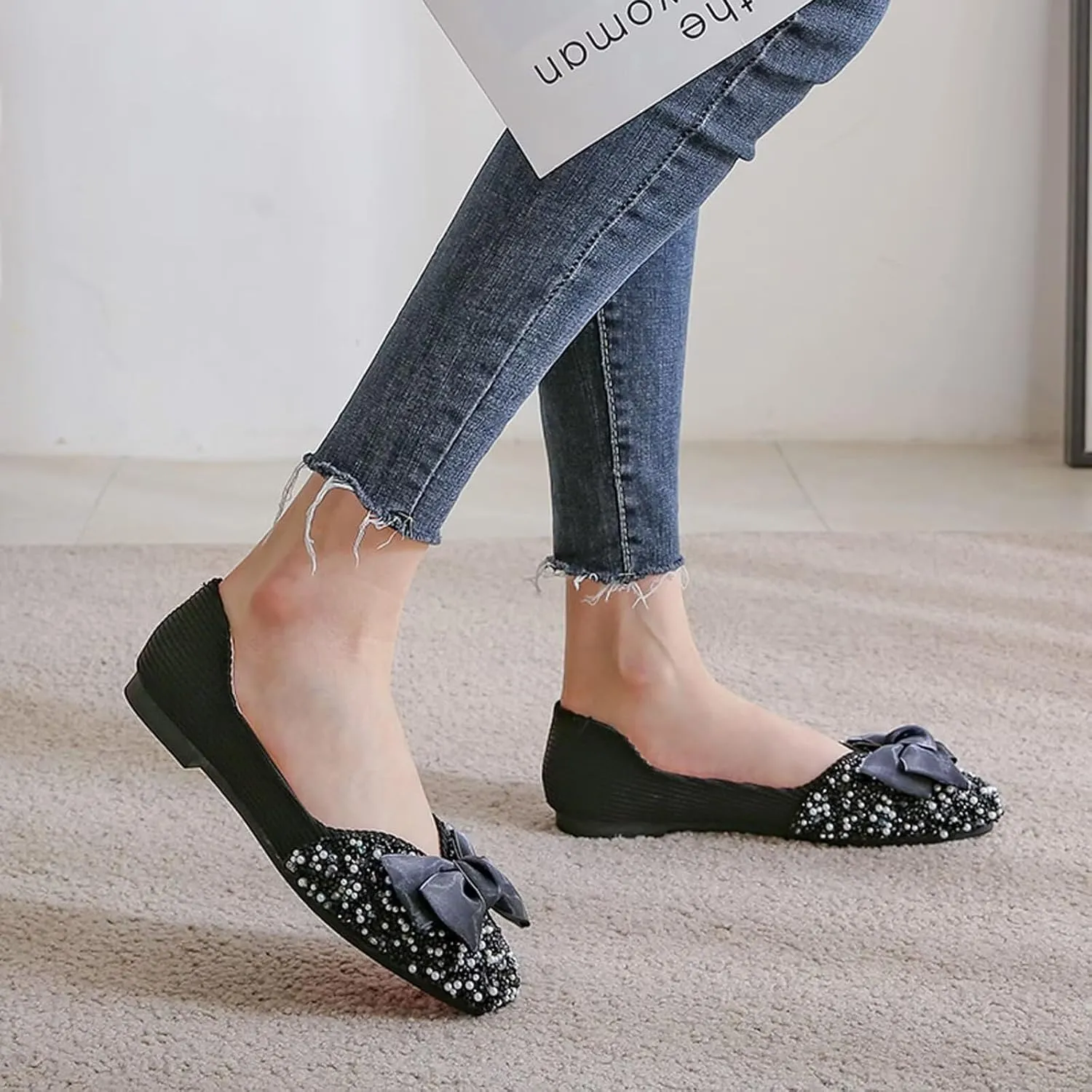 SAILING LU Square Toe Flats Shoes Rhinestoned Bowknots Ballet Flats for Women Studded Dress Shoes Comfort Light Weight Loafers