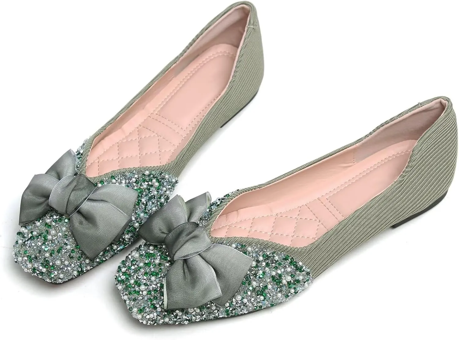 SAILING LU Square Toe Flats Shoes Rhinestoned Bowknots Ballet Flats for Women Studded Dress Shoes Comfort Light Weight Loafers